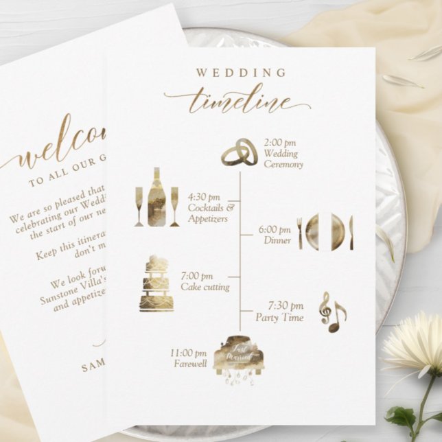 Wedding Welcome and Timeline Card White and Gold (Creator Uploaded)