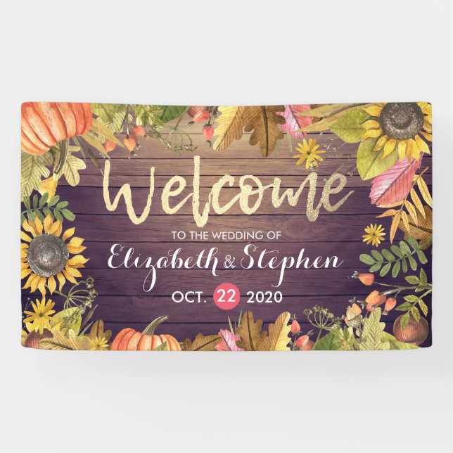 Wedding Welcome Autumn Maple Leaves Pumpkins Wood Banner (Horizontal)