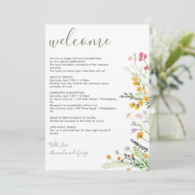 Wedding Welcome Bag Letter Itinerary Wildflowers Holiday Card (Standing Front)