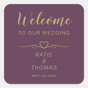 Wedding Welcome Bag Stickers Names Date Plum Gold