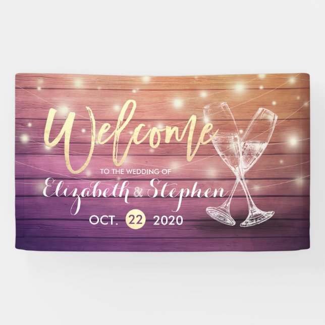 Wedding Welcome Banner Champagne Glass Wood Lights (Horizontal)