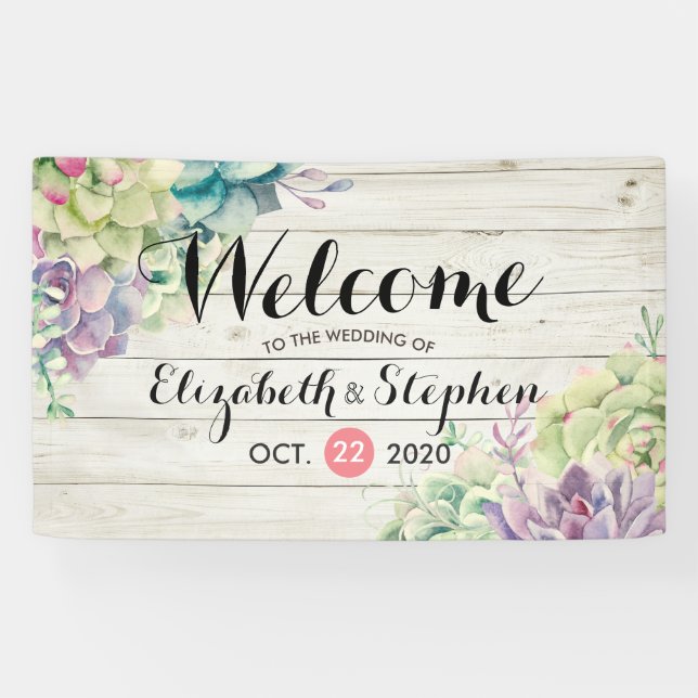 Wedding Welcome Banner Succulent Plant Rustic Wood (Horizontal)