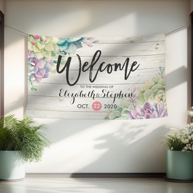 Wedding Welcome Banner Succulent Plant Rustic Wood (Creator Uploaded)