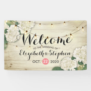Wedding Welcome Banner Wood Flowers String Lights