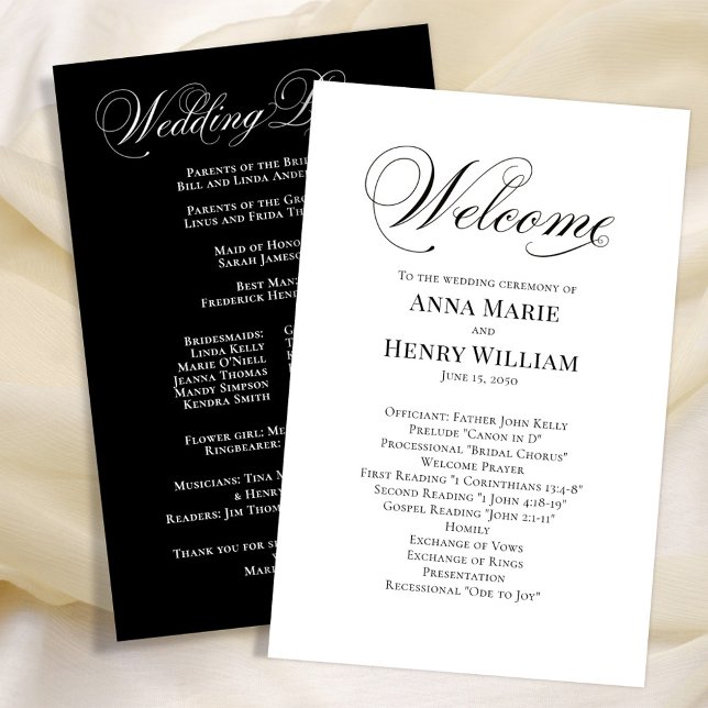 Wedding Welcome Black and White Script Program (Black and white wedding ceremony simple calligraphy script program.)