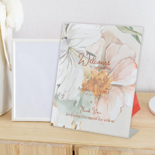 Wedding Welcome Blush Peach Floral Pedestal Sign