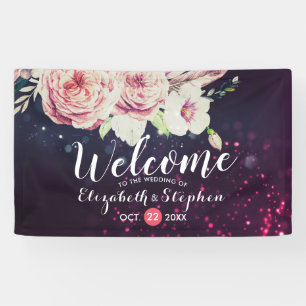 Wedding Welcome Boho Floral Feather Purple Lights Banner