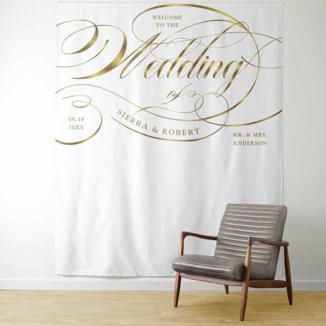 Wedding Welcome Elegant Gold Curved Script Banner Tapestry (In Situ)