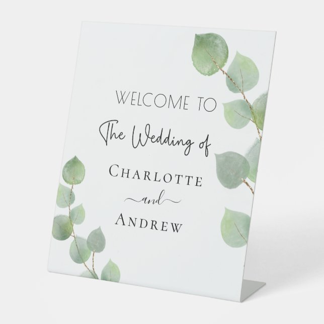 Wedding welcome eucalyptus greenery names pedestal sign (Front)