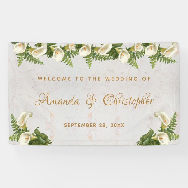 Wedding Welcome Floral White Calla Lilies Marble Banner (Horizontal)