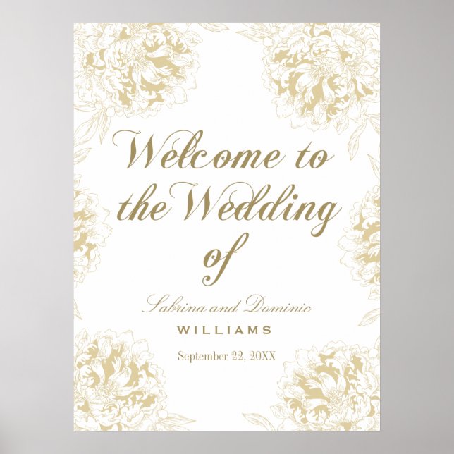 Wedding Welcome Gold Elegant Peony Floral Poster (Front)
