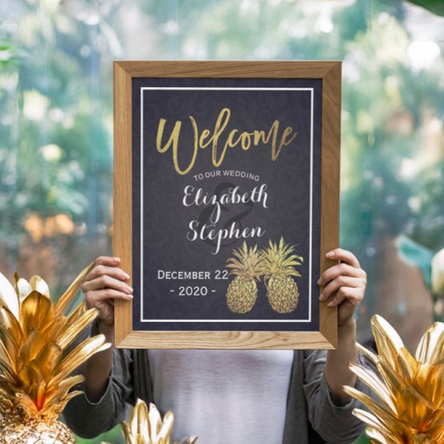 Wedding Welcome Golden Pineapple Couple Navy Blue Poster (Creator Uploaded)