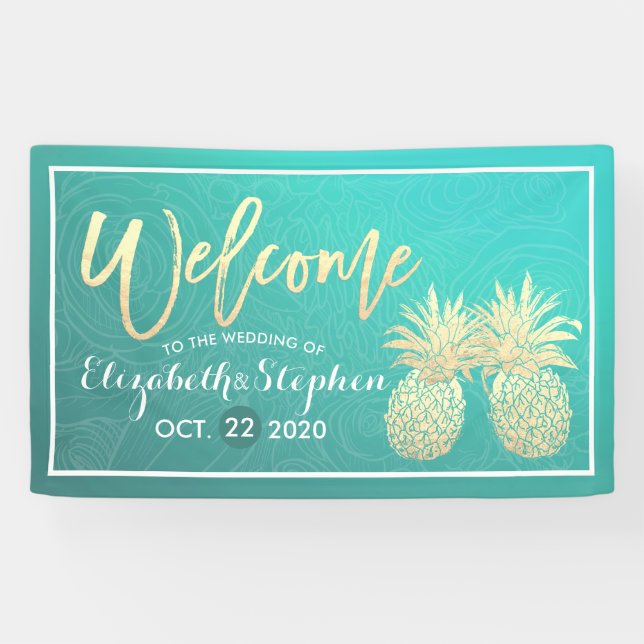 Wedding Welcome Golden Pineapple Couple Teal Roses Banner (Horizontal)