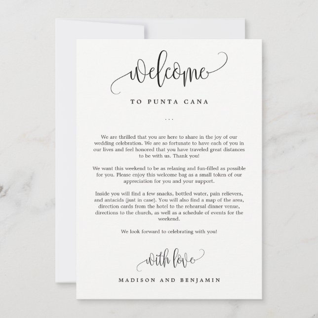 Wedding Welcome Itinerary Card Lovely Calligraphy (Front)