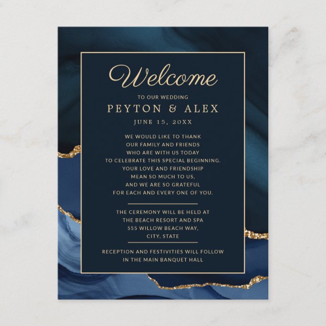 Wedding Welcome Itinerary Navy Blue Gold Marble Enclosure Card (Front)