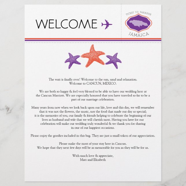 Wedding Welcome Letter for Jamaica (Front)