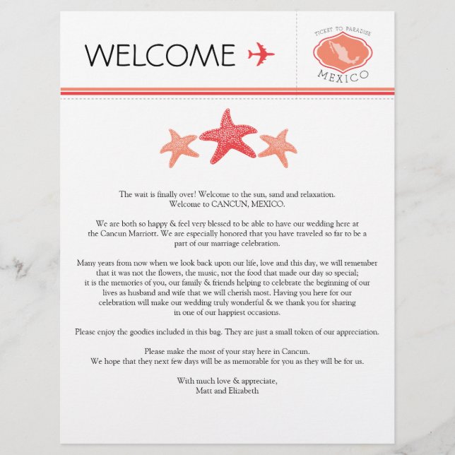 Wedding Welcome Letter for Mexico (Front)