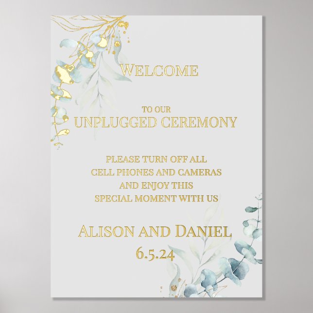 Wedding Welcome Pale Sage Green Foliage Foil Prints (Front)