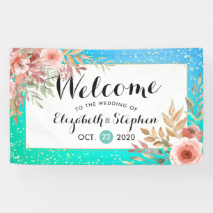 Wedding Welcome Pink Flowers Teal & Gold Confetti Banner