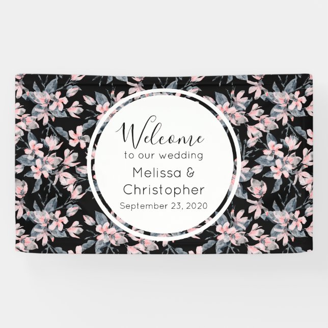 Wedding Welcome Pink & Grey Floral Pattern Banner (Horizontal)