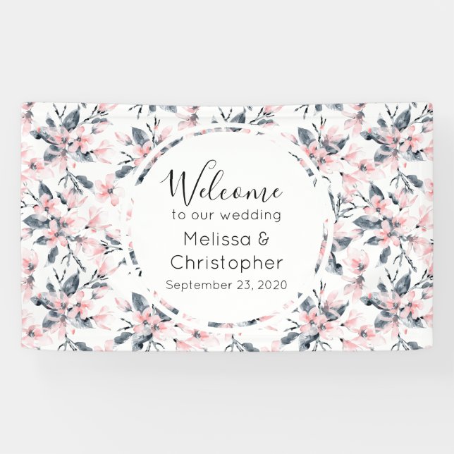 Wedding Welcome Pink & Grey Floral Pattern Banner (Horizontal)