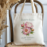 Wedding Welcome Pink Peonies Gift Tote Bag<br><div class="desc">Pink peonies wedding tote bags.  Use as hotel welcome bags for guests and fill with little gifts. Or,  give to the bridal party,  personalise for bridesmaid gifts.  Change the green script as needed and easily transfer to any other bag style.</div>