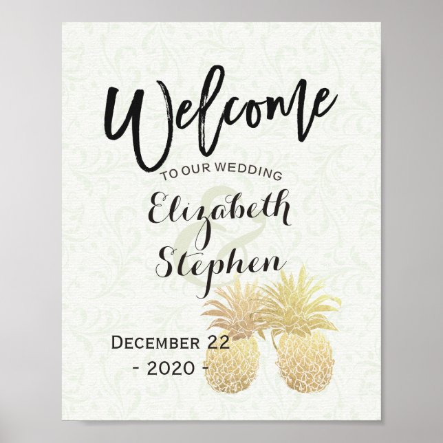 Wedding Welcome Reception Vintage Gold Pineapples Poster (Front)