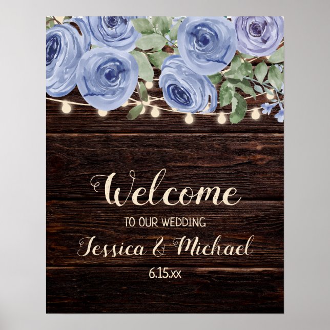 Wedding Welcome Rustic Wood Blue Floral String Poster (Front)