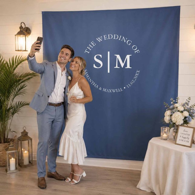 Wedding Welcome Selfie Sign Dark Blue Monogram Tapestry (beach wedding selfie station custom backdrop.)