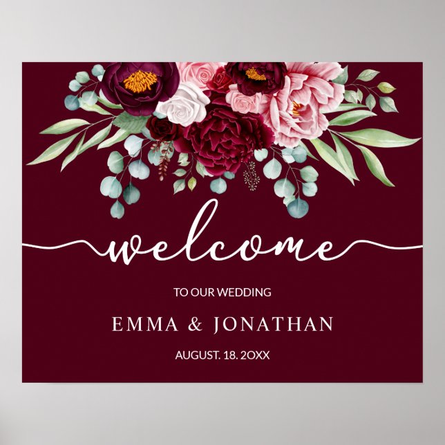 Wedding Welcome Sign Burgundy Marsala Floral  (Front)