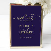 Wedding Welcome Sign | Chic Gold Script Navy Blue