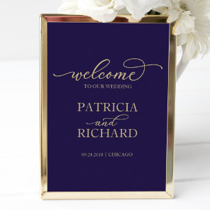 Wedding Welcome Sign   Chic Gold Script Navy Blue