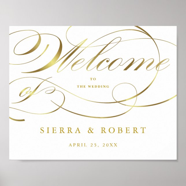 Wedding Welcome Sign Elegant Faux Gold Script (Front)