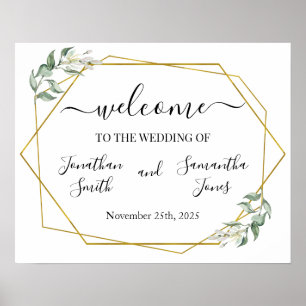 Wedding welcome sign greenery gold geometric