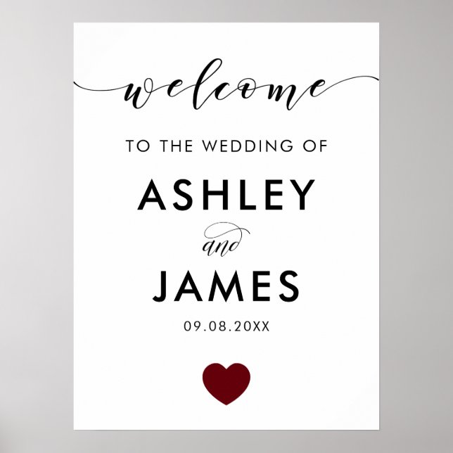 Wedding Welcome Sign, Greeting Sign, Burgundy Poster (Front)