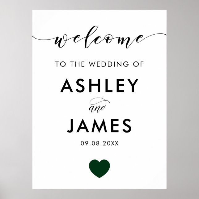 Wedding Welcome Sign, Greeting Sign, Green Heart,  Poster (Front)