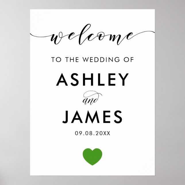 Wedding Welcome Sign, Greeting Sign, Green Heart, Poster (Front)