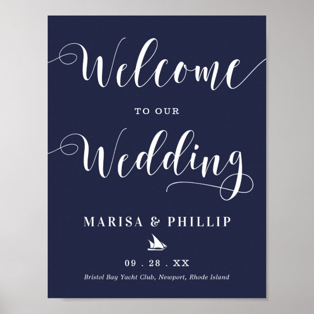 Wedding Welcome Sign Nautical Navy Blue (Front)