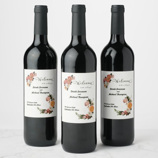 Wedding Welcome Sign Personalised Floral      Wine Label (Bottles)