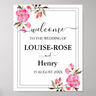 Wedding Welcome Sign - Pink Rose Grey Boarder