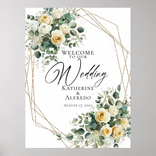Wedding welcome sign, roses and greenery poster (Front)