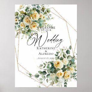 Wedding welcome sign, roses and greenery poster