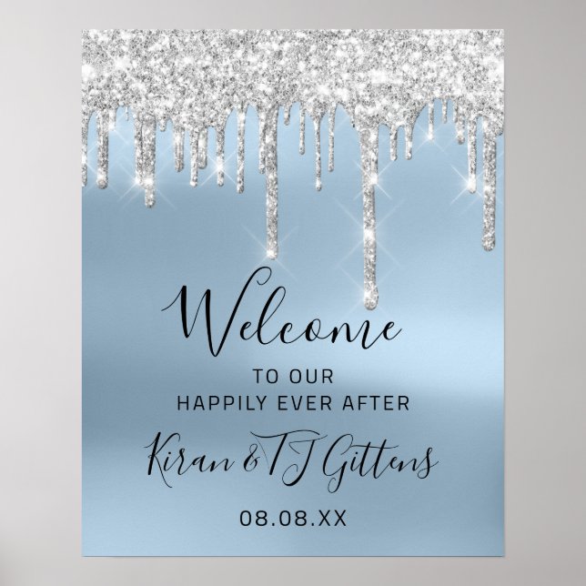 Wedding Welcome Silver Grey Drips Blue Event Poster (Front)
