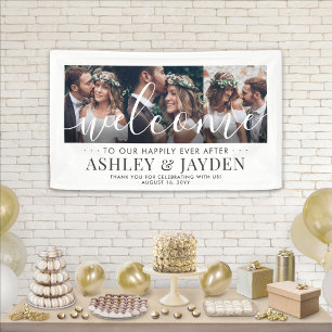 Wedding Welcome Simple Chic Script 3 Photo Collage Banner