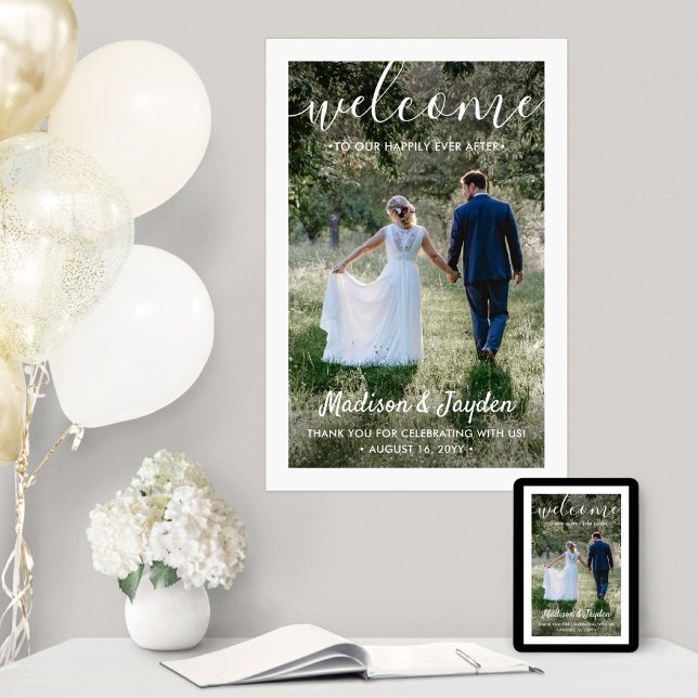 Wedding Welcome Simple Modern White Script Photo Poster (Creator Uploaded)