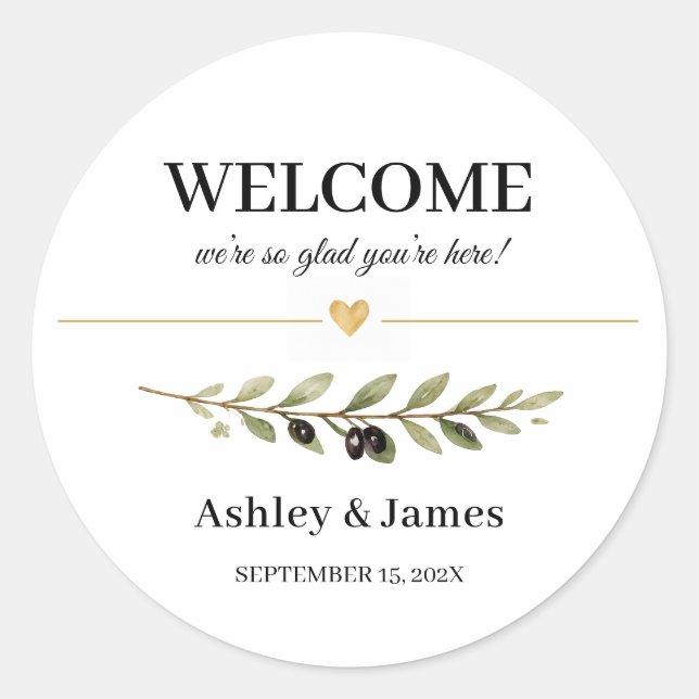 Wedding Welcome Stickers | Round Olive Leaf Labels (Front)