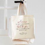 Wedding Welcome Thank You Destination Tote Bag<br><div class="desc">Make your wedding and out of town guest feel special with this welcome/thank you tote bag. Personalize the bag by adding your wedding location, say thank you and add your names and wedding date. Timeless and classic, yet chic and stylish, perfect as a gift bag for your out of town...</div>