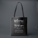Wedding Welcome, Thank You Hotel Custom Gift Bag<br><div class="desc">Make your wedding and out of town guest feel special with this welcome/thank you tote bag. Personalise the bag by adding your wedding location, 2 lines of custom text and your names. You can change the bag colour to match your wedding colours - just click on "customise" and then the...</div>