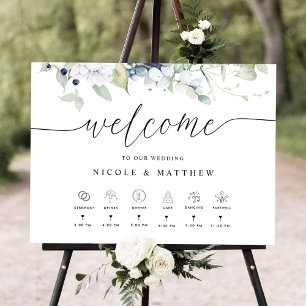 Wedding Welcome, Timeline White Blue Floral Sign