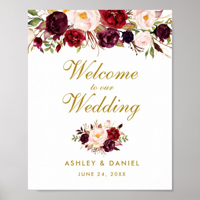 Wedding Welcome Watercolor Floral Burgundy Gold Poster (Front)